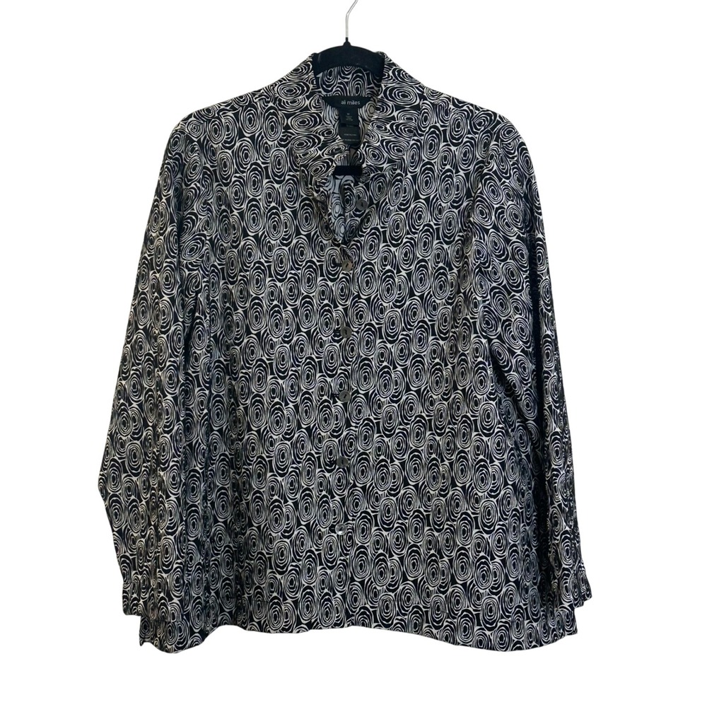 Ali Miles Textured Button‎ Up Shirt Blouse Top Size M Black White Swirl Print